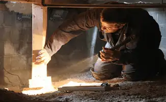 A professional inspecting wooden beams under the floor of a structure in Philadelphia, PA